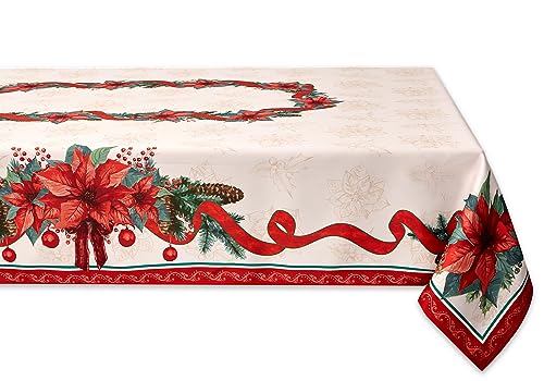 YiHomer Poinsettia Ribbon Engineered Printed Fabric Christmas Tabletop for Xmas Winter Holiday, Christmas Time, Tablecloth, 60 x 120 Rectangle