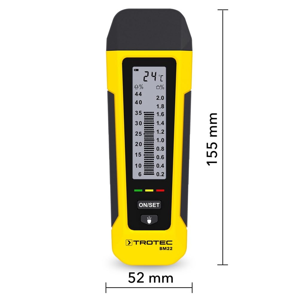 TROTEC Feuchtigkeitsmessgerät BM22 – Für Wand, Holz, Estrich – Messbereich 6-44%, Abschaltautomatik, LED Feuchte-Indikator, LED-Taschenlampe