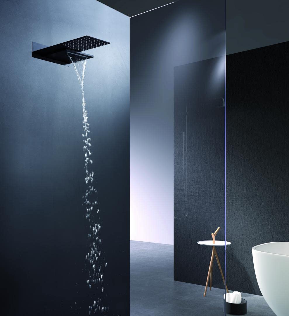 IMEX - Ducha empotrada efecto cascada y lluvia - kit termostático empotrado pared, sistema termostático 3 vías-Serie Rodas Negro Mate GTR049/NG