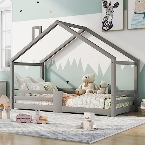Tcewhhy Hausbett Mit Schornstein Rausfallschutz Kinderbett 90 X 200 cm Mit Lattenrost Bodenbett Für Kinder Und Jugendliche Kiefernholz Bettgestell Jugendbett Für Kinderzimmer Grau