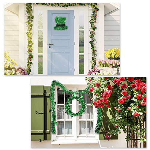 WILLBOND 4 Pieces St. Patrick\'s Day Green Tinsel Garland Include Shamrock Wreath, Wire Garland and Leprechaun Hat for Irish St Patrick Party Favor Home Wall Decorations