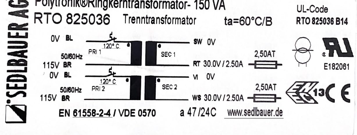 825036 Polytronik Premium Ringkerntransformator 150 VA - Eingang 2 x 115 V - Ausgang 2 x 30 V, 60 V - 2 x 2,50 A