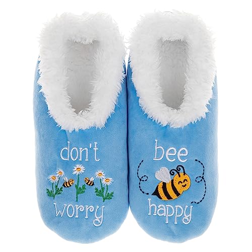 Snoozies Pairables Super Soft Sherpa Womens House Slippers - Don't Worry Bee Happy (Blue, Large)