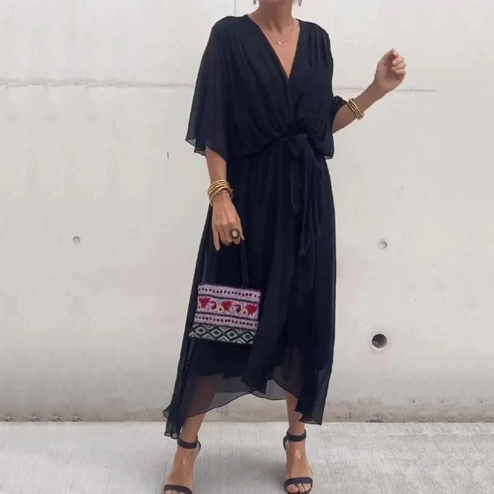 Fluente Chiffon Profondo V Collo Midi Abito per le Donne Elegante Chiffon V-collo Solido Sexy Casual Trendy Abito Estivo