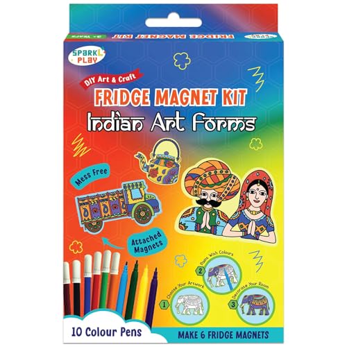Image of SparkLPlay DIY Craft Kit for Kids Coloring Set with 6 Fridge Magnet Cutouts, 10 Color Pens. Mess Free. Gift for Kids. (Indian Art Forms)