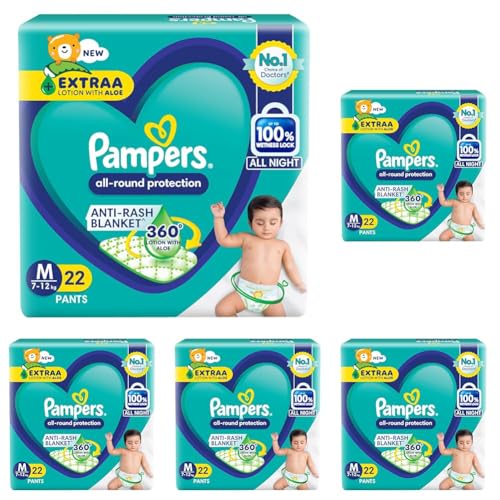 Image of Pampers All round Protection Pants, Medium size baby diapers (MD) 22 Count, Anti Rash diapers, Lotion with Aloe Vera (Pack of 5)