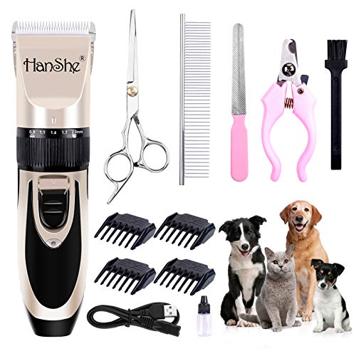 HanShe Dog Clippers Low Noise Pet Clippers Rechargeable Dog Trimmer Cordless Pet Grooming Tool Professional Dog Hair Trimmer with Comb Guides Scissors Nail Kits for Dogs Cats & Other