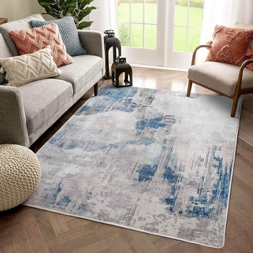 Fenisonavy Rugs Living Room Grey Area Rugs for Bedroom Modern Abstract Rug Large Short Pile Rugs Carpet Non-Slip Soft Living Room Rugs Room Decor (Lake Blue/Grey/Beige