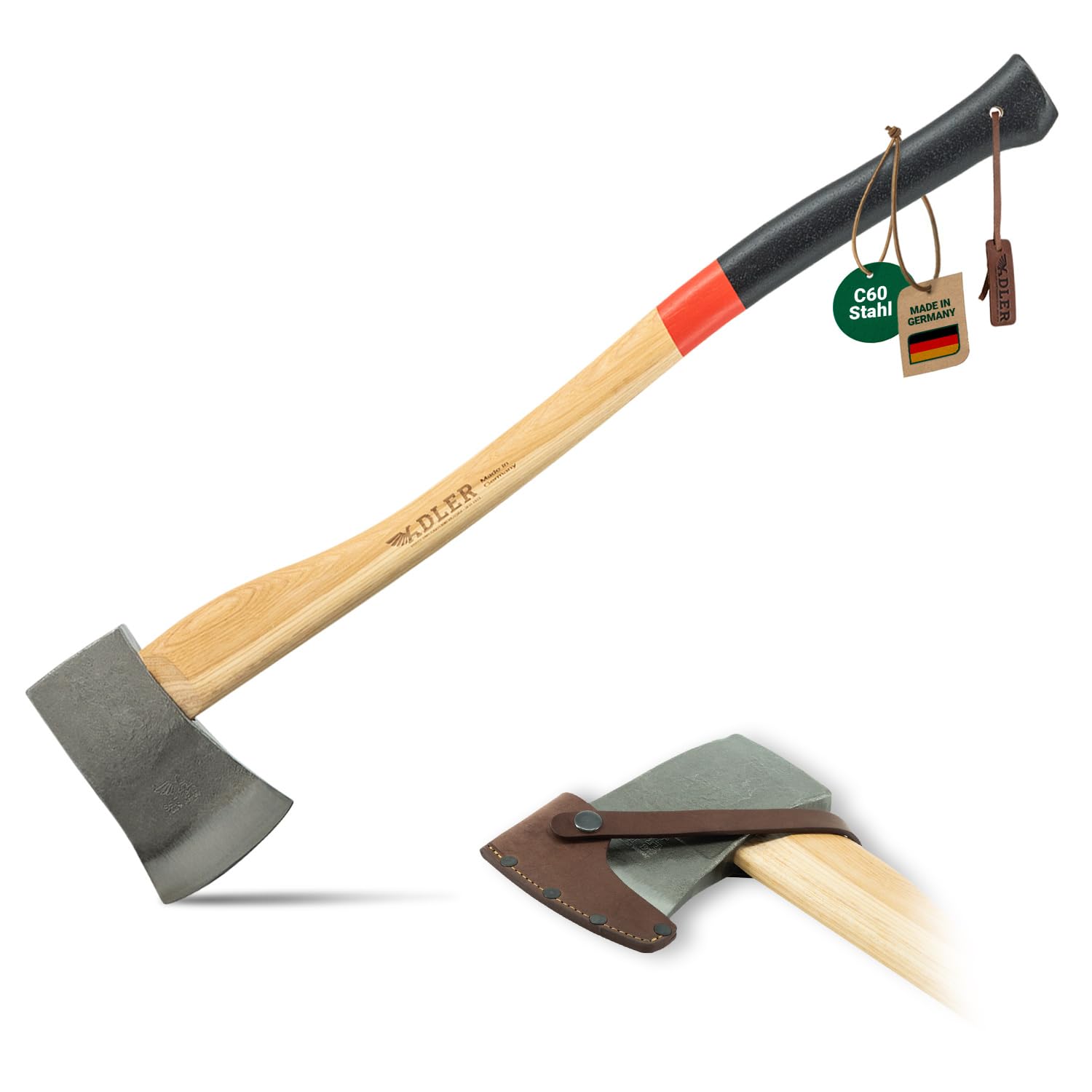 Adler Yankeeaxt con protezione in pelle: ascia forgiata per cadere, sbloccare e spaccare legno, ascia in legno con testa in acciaio C60 e manico in hickory da 80 cm, robusta ascia forestale e spacca,