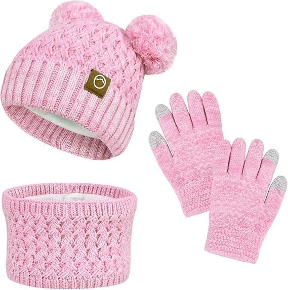 3 Piezas Conjunto Accesorios de Invierno Niños Set Conjunto de Gorro Bufanda y Guantes Para Niños Gorro Punto Con Forro Cálido Bufanda Guantes Para 3 10 Años Rosa