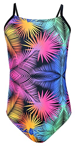 Aquarti Costume Piscina Bambina – Costume Intero Bambina con Bretelle Sottili Regolabili, Foglie Colorate/Nero/Rosa/Arancione, 146