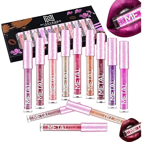 RoseFlower 12pcs/set Glitzer Lip Makeup Wasserdichte Glänzend Lip Gloss Metallischer Diamant Lipstick Flüssiger Funkeln Lipstick Nude Glitter Schimmer Lippenstift Nonstick Schalen Cover