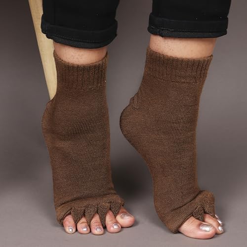Image of Aegon Foot Alignment Socks Cotton | 5 Toe Separator | For Foot Pain Relief | Bunion Corrector | Hallux Valgus | Plantar Fasciitis | 1 Pair (Brown)