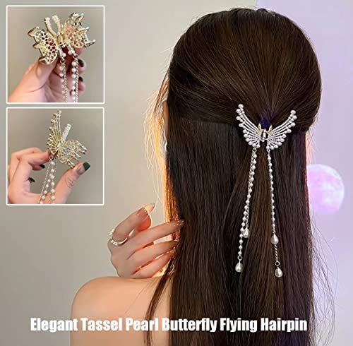 Image of BAKEFY Korean Style Metal Hair Claw Clip for Women & Girls | White & Gold Butterfly Hair Clutcher | Pearl & Stone Jaw Clamp Hair Accessory | Bridal, Wedding & Party | 1 Piece