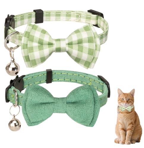 Gyapet Cat Collar Breakaway Bowtie Safety with Bell Adjustbale Kitten Puppy Solid Plaid Color Set J-[2pcs] Green