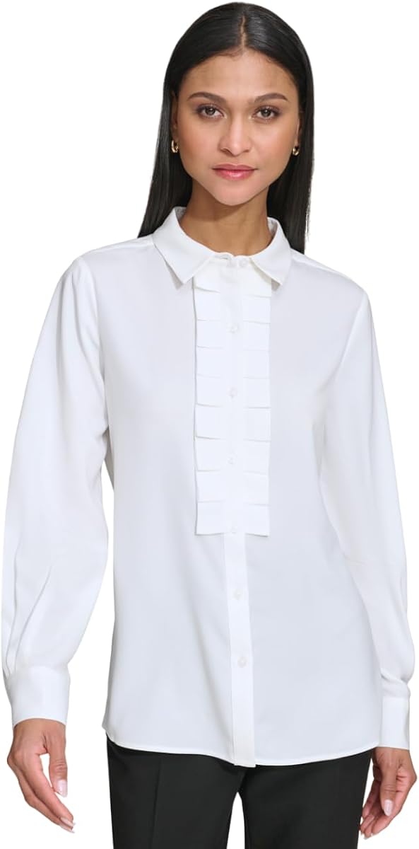 KARL LAGERFELD Paris Blusa con botones y cuello con volantes en la parte delantera para mujer