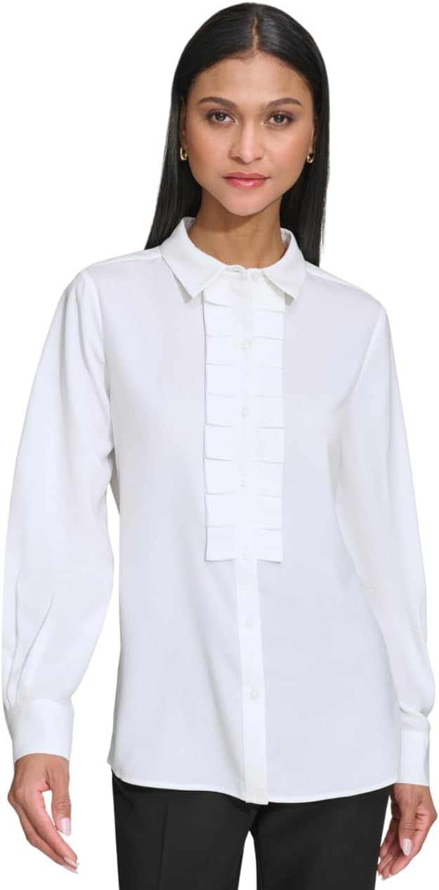 KARL LAGERFELD Paris Women's Collared Ruffle-Front Button Up Blouse