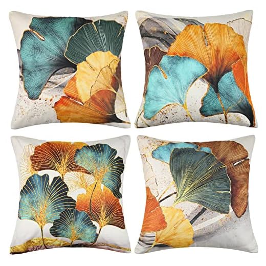 Fundas de Cojín 45x45 Fundas de Cojines Lino Verde Azulado Color Dorado Petróleo Ginkgo Fundas Cojines Funda de Almohada del Sofá para Sofá Coche Dormitorio Moderno Salón Patio Exterior Jardin 4PCS
