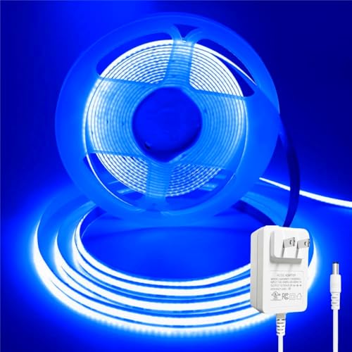 Image of Blue COB LED Strip Light, 5M Cuttable Tape Lights with Power Plug, 1600 LEDs High Bright CRI93+ Flexible Dimmable Light Kit for Teen Boys Bedroom TV Backlight Gaming Room Monitor Kitchen Cabinet Decor
