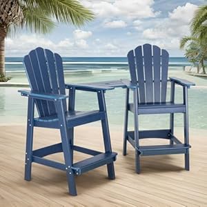 Tall Adirondack Chair Set of 2, HDPE Adirondack Barstools, Double Balcony Chairs with Connecting Tray, Weather Resistant for Outdoor, Poolside, Patio, Garden, Backyard (Navy) Tall Adirondack Chair Set of 2 HDPE Adirondack Barstools Double Balcony Chairs with Connecting Tray Weather Resistant for Outdoor Poolside Patio Garden Backyard Navy