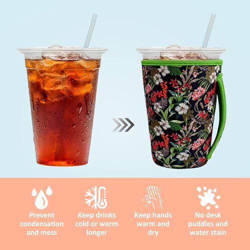 Image of KJQJLY 3 Pack Reusable Iced Coffee Sleeves for Iced Coffee Cups or Drinks Reusable Neoprene Insulated Sleeves for Hot and Cold Drinks from Starbucks, Dunkin, And More (Leaves and grass)