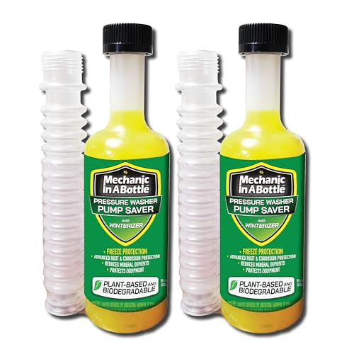 Mechanic in a Bottle Pressure Washer Pump Saver and Winterizer. Advanced Rust & Corrosion Protection, Reduces Mineral Deposits, Protects Equipment. 8 oz with Flexible Pour Hose - 2 Pack.
