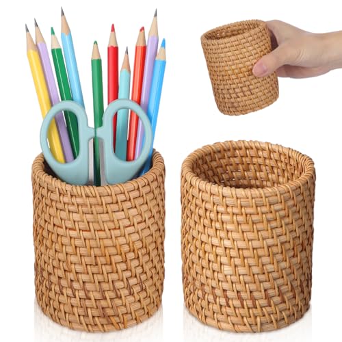 VILLCASE Lot de 2 Pots à Crayons en Rotin Naturel Fait à la Main, Porte-Crayon En Osier Rotin Style Bohème, Porte-Stylo Tressé pour Maison et École,...