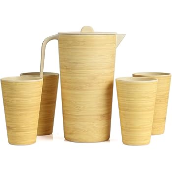 Lekoch 1 5l Carafe Eau En Bambou Set Avec Couvercle Et 4 Tasses