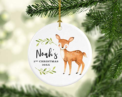 Andaz Press Personalized Name Round Ceramic Porcelain Christmas Tree Ornament Boy's Keepsake, Noah's 2nd Christmas 2024, Watercolor Deer Buck, 1-Pack, Custom 2nd Christmas Ornament 2024