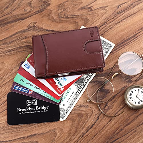 Image of Brooklyn Bridge Money Clip Wallets for Men Vegan Leather Smooth Brown - Slim RFID Protected Card Holder, Stylish Front Pocket Wallet with Cash Clip, Durable Gift for Him