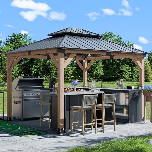 CHARMELEON 10x12 FT Cedar Wood Gazebo,Hardtop Wooden Gazebo with 4.6in Thickened Posts&High Load-Bearing Roof for Outdoor, Patio, Backyard-Gray