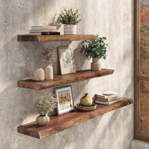 Image of 32 inch Live Edge Floating Shelves Set of 2, Solid Elm Wood, Vintage
