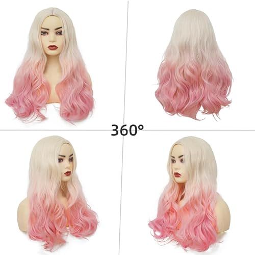 Miniatura 3 de Amnenl Peluca rizada rubia rosa para mujer, pelucas largas onduladas con raya en medio, peluca de pelo sintético natural para cosplay para Halloween
