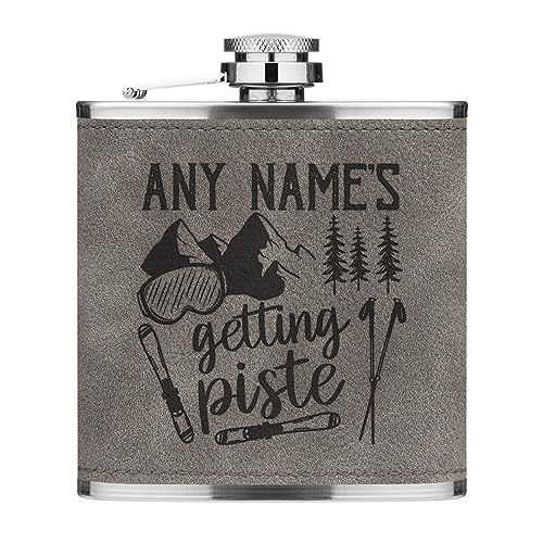 Personalised Getting Piste Skiing 6oz PU Leather Hip Flask Grey Luxe