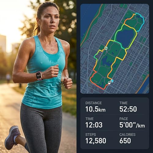 Woman running with a GPS watch beside a screen showing route distance pace and time