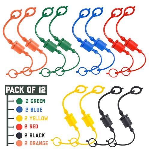 Image of (12 Set) Signite 1 /2 ISO A Tractor Hydraulic Hose Caps and Plugs Couplers Male Dust Cap and Female Plug Cover, Quick Disconnects Plug Fitting with Retention Ring Keeps Cap Attached to Hose (6 Colors)