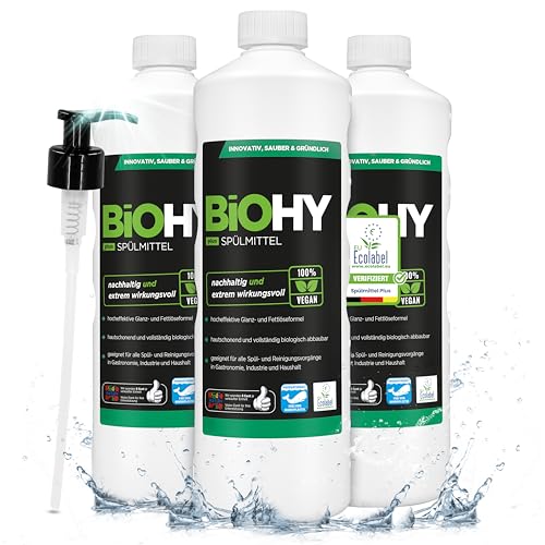 BiOHY Detergente para lavavajillas Plus (3 x 1 litro) + dispensador de bomba, concentrado líquido orgánico para vajilla con etiqueta ecológica de la UE, desengrasante extrapotente, ideal para