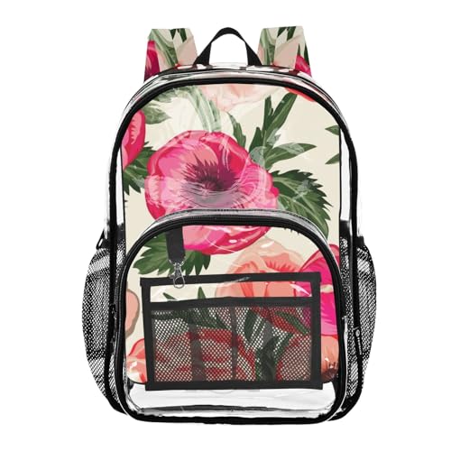Floral Coral Poppy Flowers Clear Backpack for Women Kids Girls Backpack Boys Approved See through Bag