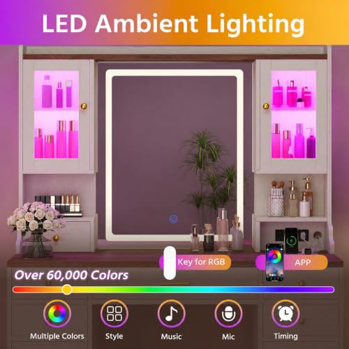 Image of CSZZD Farmhouse Makeup Vanity Desk with Lighted Mirror and RGB Cabinets | Large Vanity Table with Type-C & USB Charging Station, Adjustable 3 Mode Lights Vanity Desk with 6 Drawers & Storage Shelves