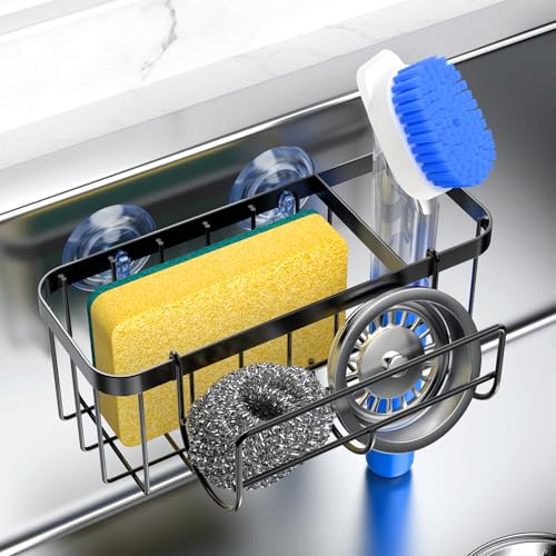 HOKEMOM 3-in-1 Kitchen Sink Caddy Organizer with Sponge Holder, Brush Holder, Extra Rack for Scrubber, Sink Stopper, Dish Cloth Hanger - Strong Dual Suction Cup, 2.0mm SUS304 Stainless Steel - Black