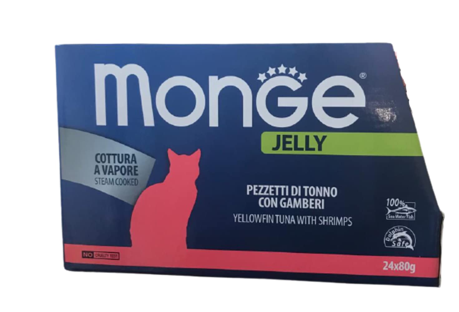 Monge Jelly natural superpremium quality Kawałki tuńczyka z krewetkami dla kotów, gotowanie na parze. Opakowanie 24 pudełka (80 gr. jeden). Bez barwników i konserwantów