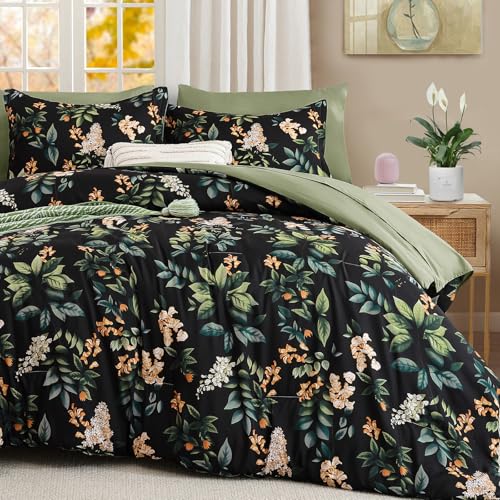 Cottolester Black Comforter Set Queen Size Floral 7-Piece Bedding Set,Botanical Comforter Set with Pillowcases,Soft Microfiber Complete Bedding Sets for All Season