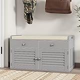 WARMHONIU Shoe Storage Bench with Cushion, Shoe Bench, Padded Seat, 2 Drawer Storage, Entryway, Hold up to 300lbs, 15.8 x 32.29 x 18.1 Inches, Grey