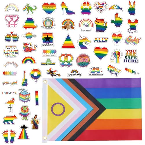 Pride Flag,Pride Sticker 50 Stück,Flagge Regenbogen Flaggen Lgbtq,Lesbian Progress,Bisexual Deko Fahne Flags,Fächer Gay Girlande,Regenbogenfahne150x90 cm,Stickers Homosexuellen