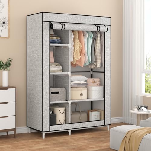 Calmootey Portable Closet Organizers, Clothing Storage, Wardrobe with 6 Shelves and Hanging Rod, Non-Woven Fabric Cover with 4 Side Pockets, Ash Grey - Image 3