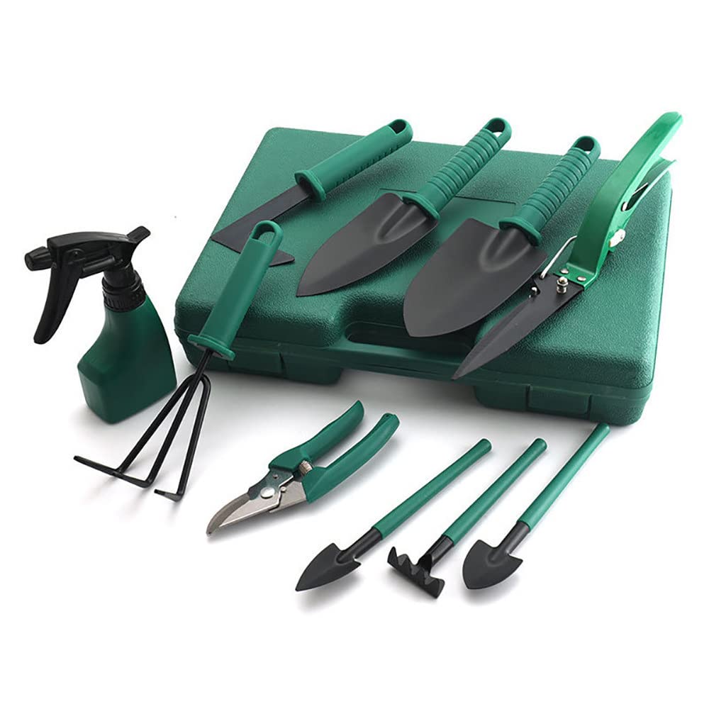 10 Pezzi Set Attrezzi da Giardino, con Custodia, in Acciaio Inox, Impugnatura Ergonomica, Cazzuola Rastrello Sarchiatrice Cesoie Spruzzatore,Green