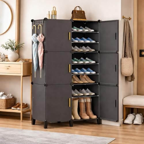 Image of Plastic Shoe Rack for Home with Door, 6-Door Shoe Storage Cabinet | 18-Shelfs for 36 Pairs | Waterproof & Portable DIY Shoe Slipper & Chappal Stand for Entryway /Bedroom (Grey-HG3)