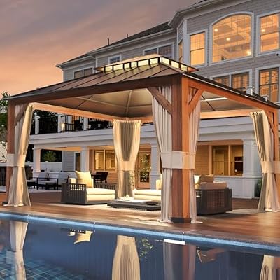 YOLENY 12' x 14' Ultra-Thick Columns and Beams Hardtop Gazebo, Metal Gazebo with Faux Wood Grain Aluminum Frame, Dual Material Double Roof, Outdoor Patio Gazebo Pergolas with Netting and Curtains