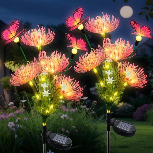 Qoosea Lumieres Solaire Exterieur, 2 Pièces LED Fleurs Papillon Lampes Solaire Exterieur Jardin, IP65 Imperméable Lumiere LED pour Chemins Décoration de...