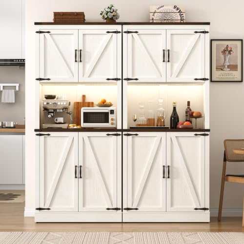 Image of 72 inch Tall Farmhouse Kitchen Pantry Cabinet with LED Light and Power Outlet,Modern Farmhouse Kitchen Storage Cabinet w Load-Bearing Steel Pipe,Barn Doors, Organizer,Food Pantry Cabinets(2PC White)